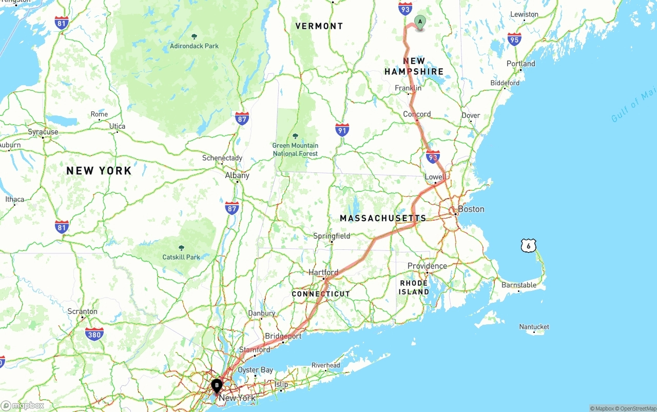 Shipping route from New Hampshire to Port of New York