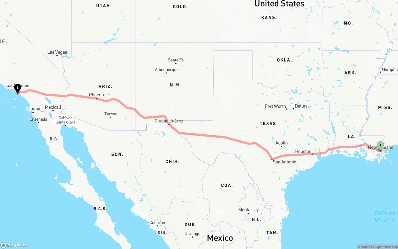 Shipping route from New Orleans to Port of Long Beach