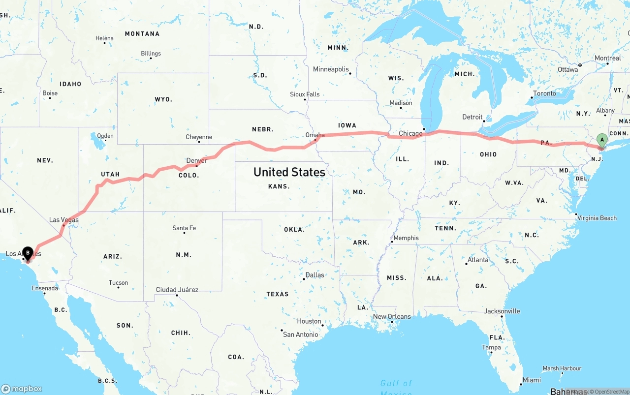 Shipping route from New York City to Anaheim