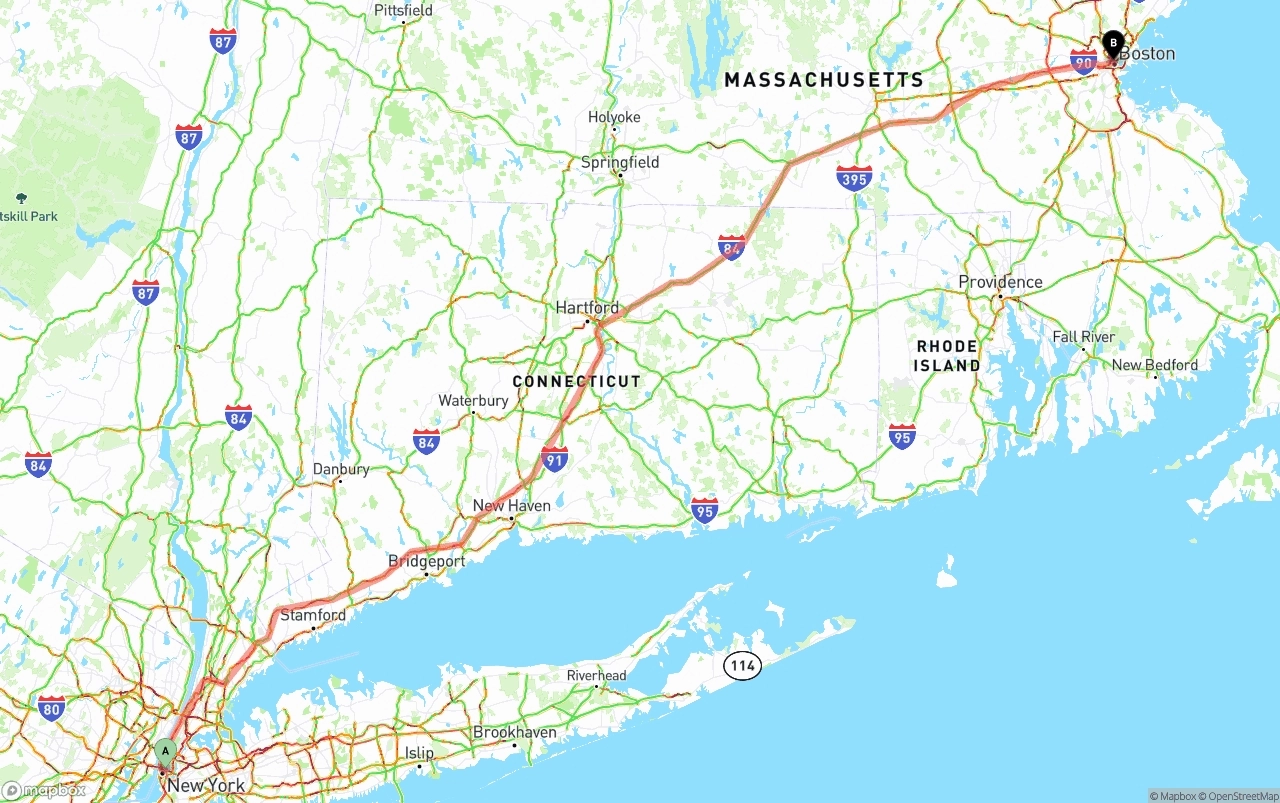 Shipping route from New York City to Boston