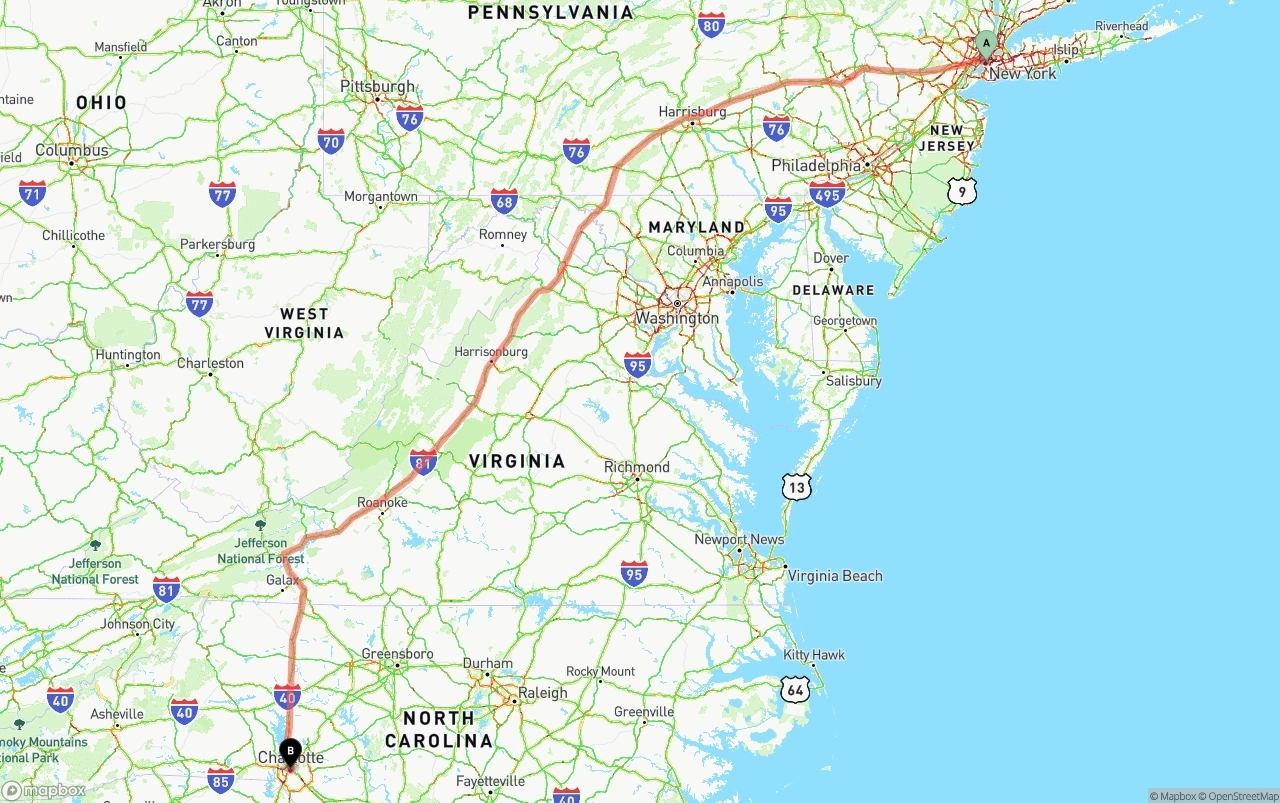 Shipping route from New York City to Charlotte