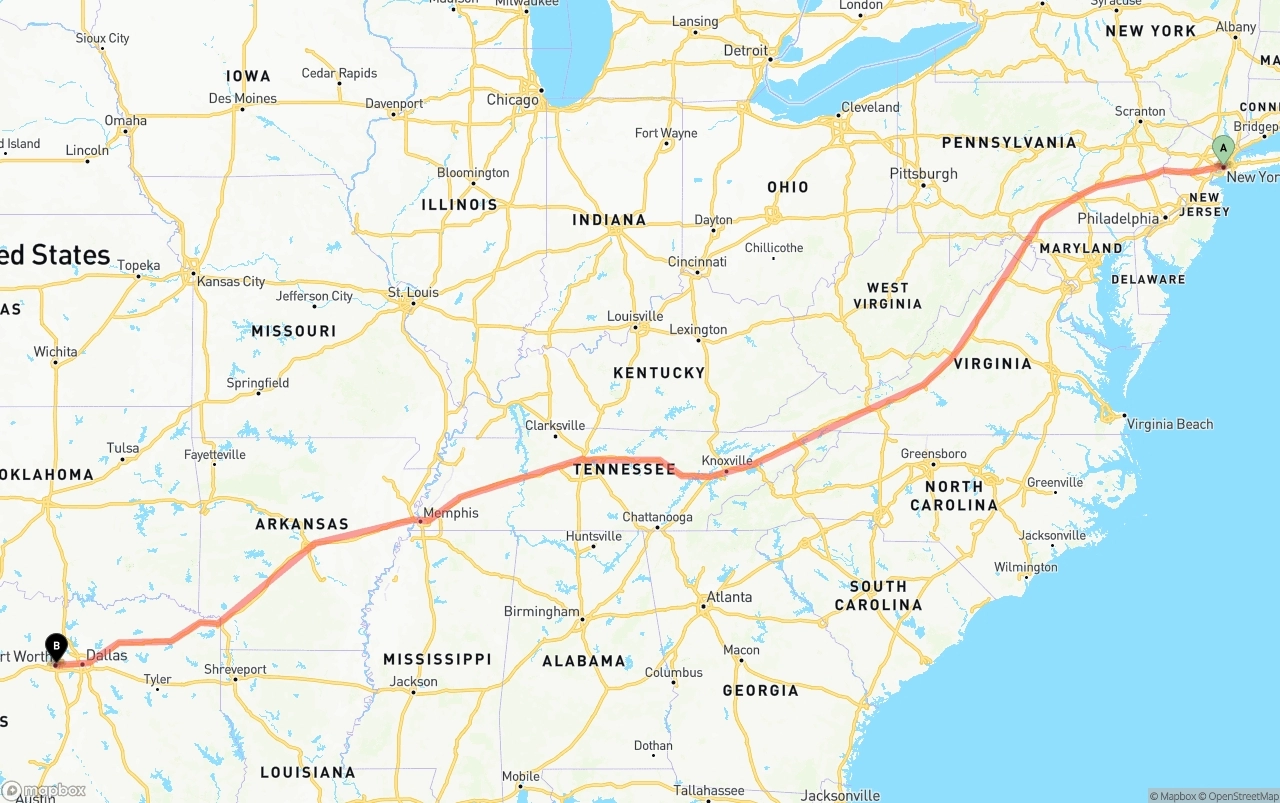 Shipping route from New York City to Fort Worth
