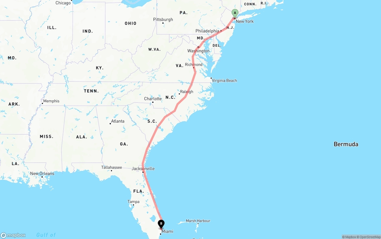 Shipping route from New York City to Ft. Lauderdale
