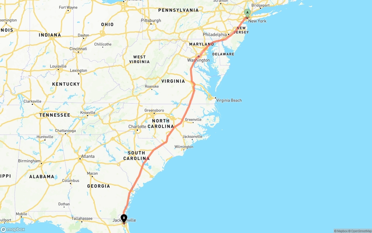 Shipping route from New York City to Jacksonville