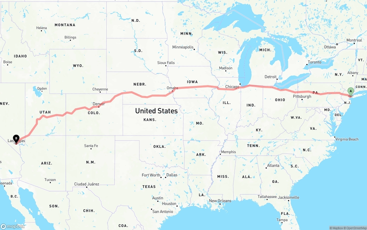 Shipping route from New York City to Las Vegas