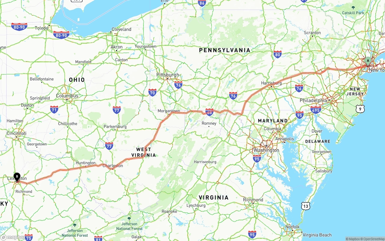 Shipping route from New York City to Lexington