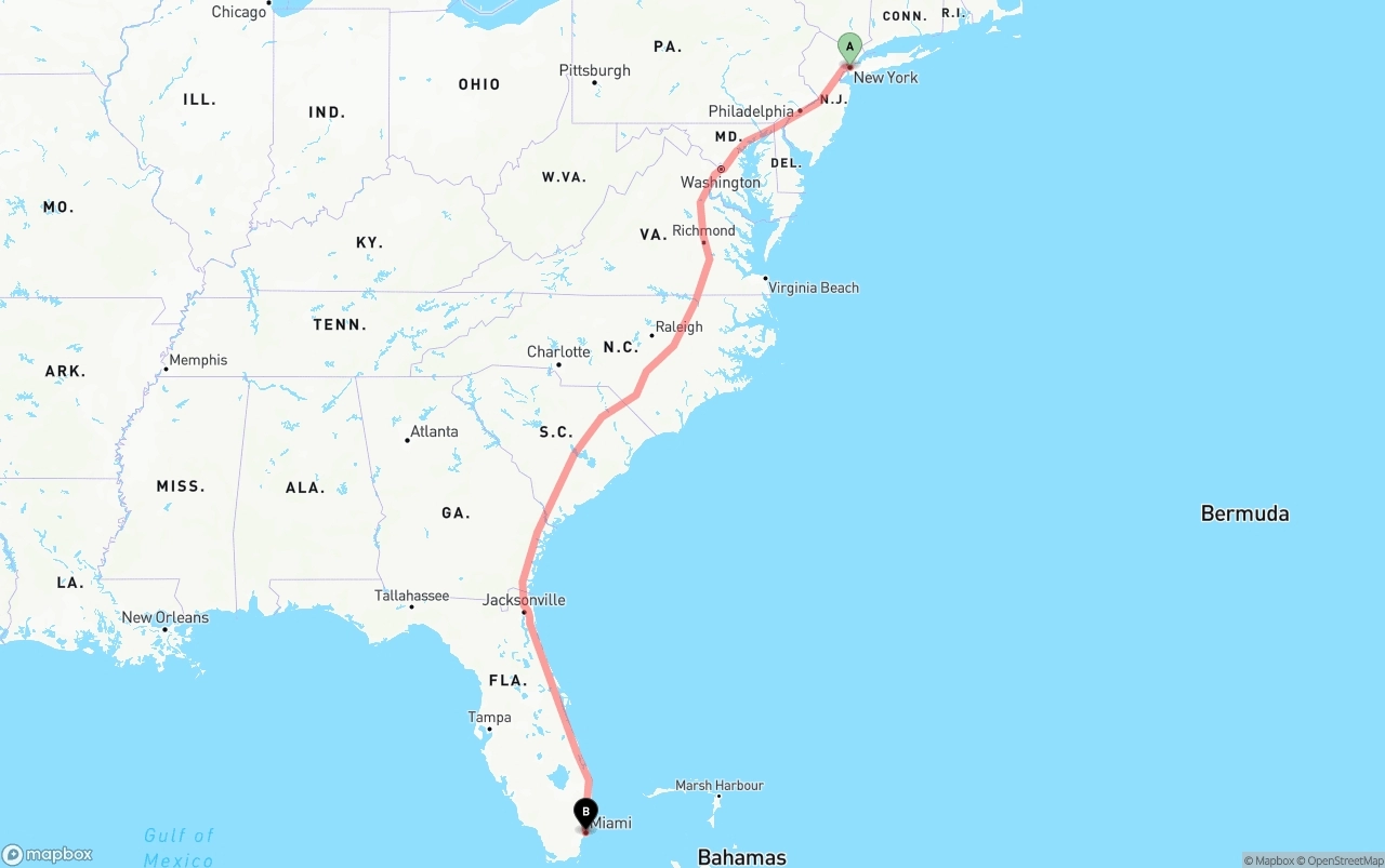 Shipping route from New York City to Miami