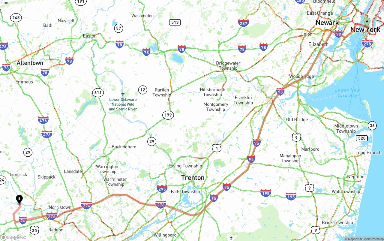 Shipping route from New York City to Phoenix