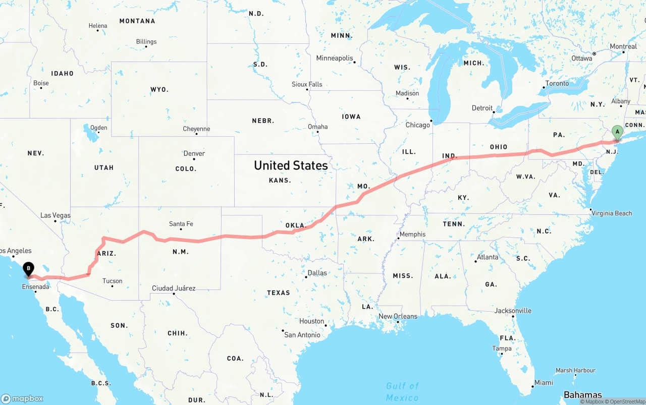 Shipping route from New York City to San Diego