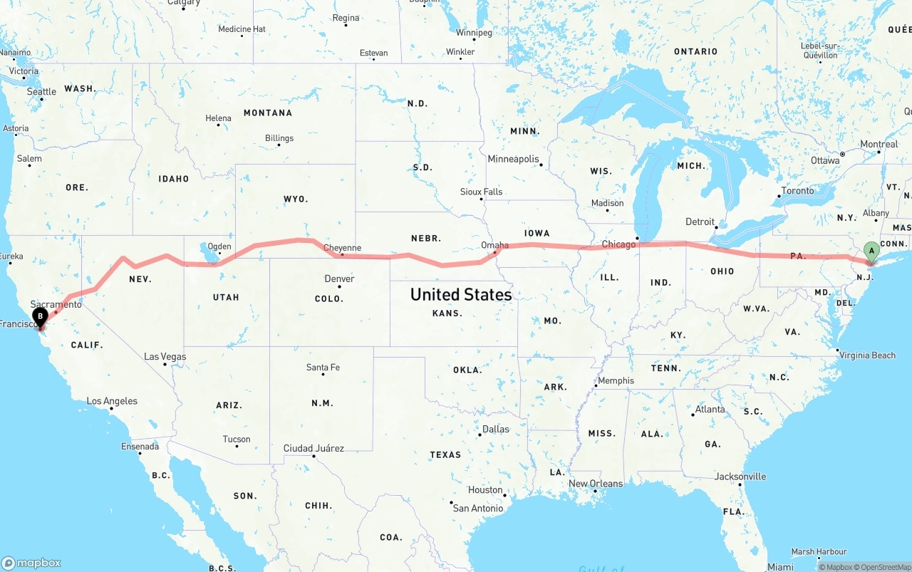 Shipping route from New York City to San Francisco
