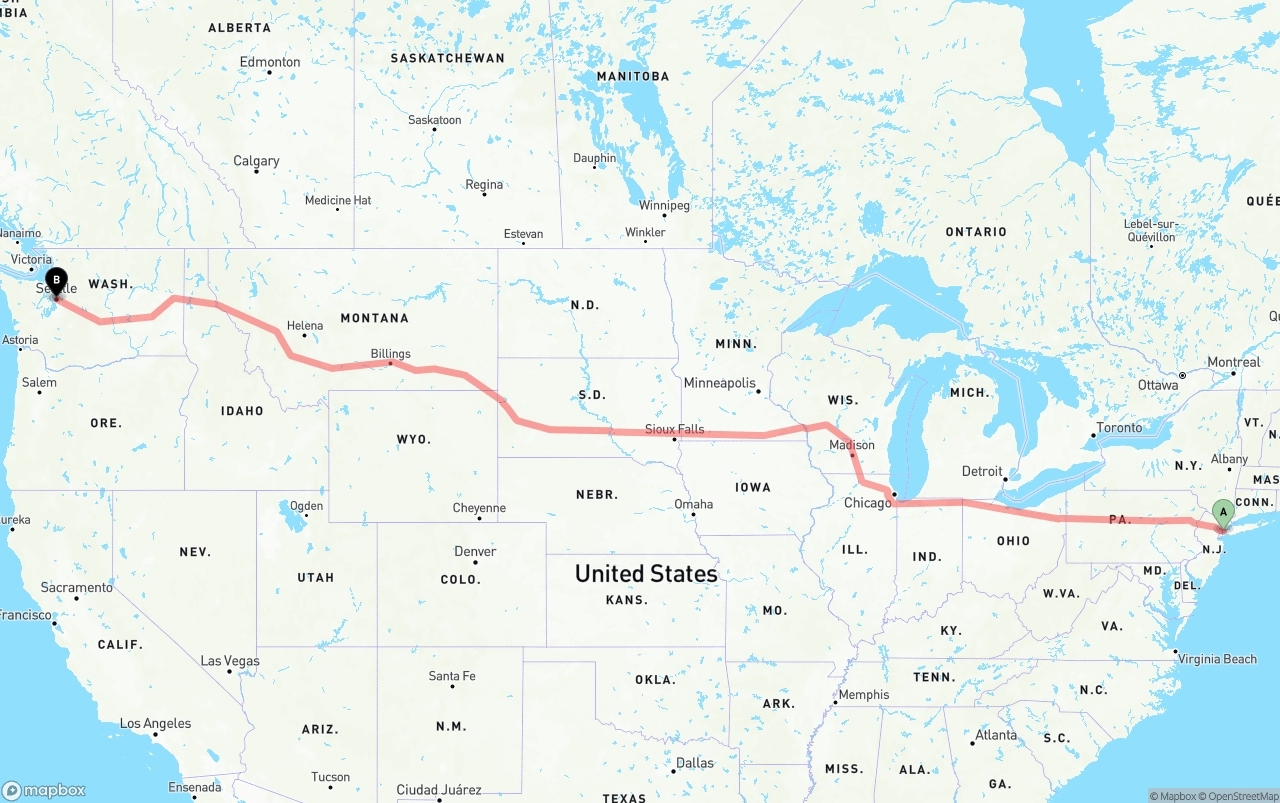 Shipping route from New York City to Seattle