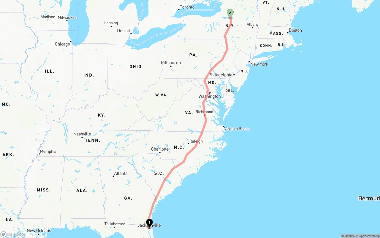 Shipping route from New York to Port of Jacksonville