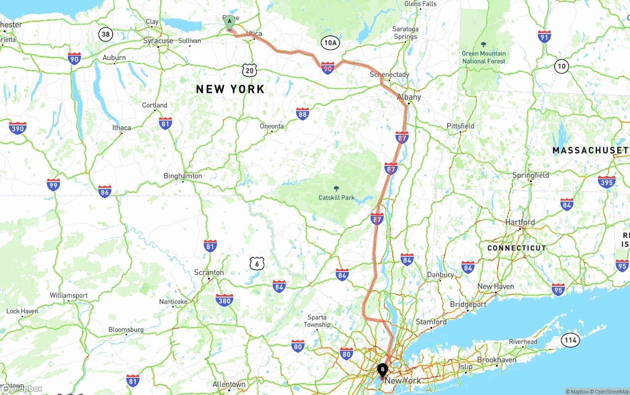 Shipping route from New York to Port of New York