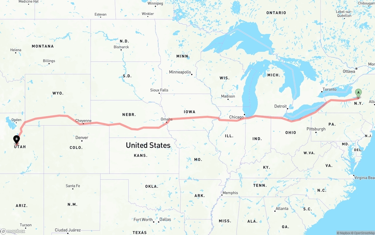 Shipping route from New York to Utah