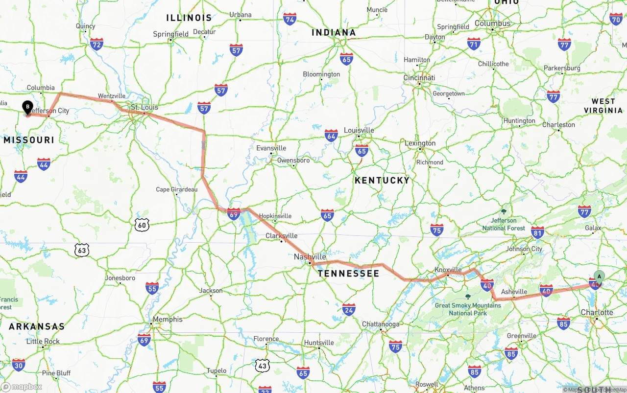 Shipping route from North Carolina to Missouri