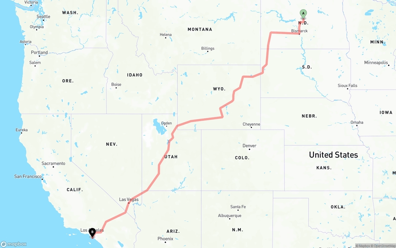 Shipping route from North Dakota to Port of Long Beach