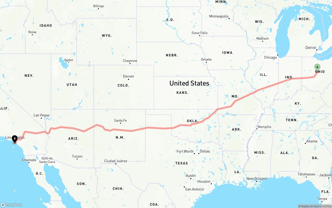 Shipping route from Ohio to Port of Los Angeles