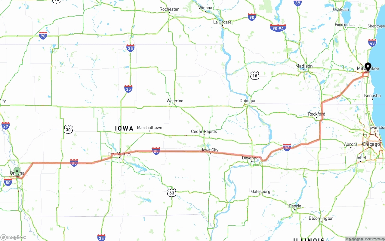 Shipping route from Omaha to Milwaukee