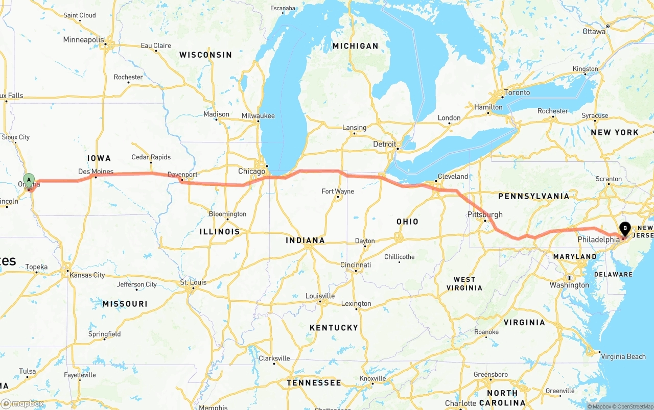 Shipping route from Omaha to Port of Philadelphia