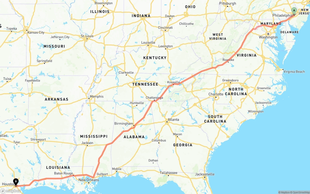 Shipping route from Philadelphia to Houston