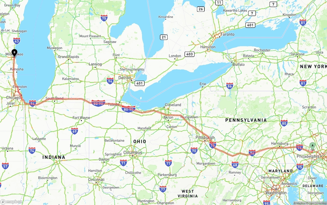 Shipping route from Phoenix to Milwaukee