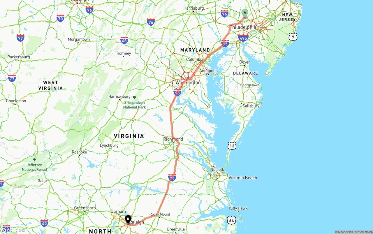 Shipping route from Phoenix to Raleigh