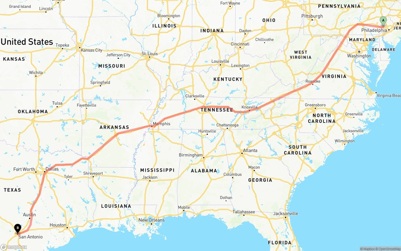 Shipping route from Phoenix to San Antonio