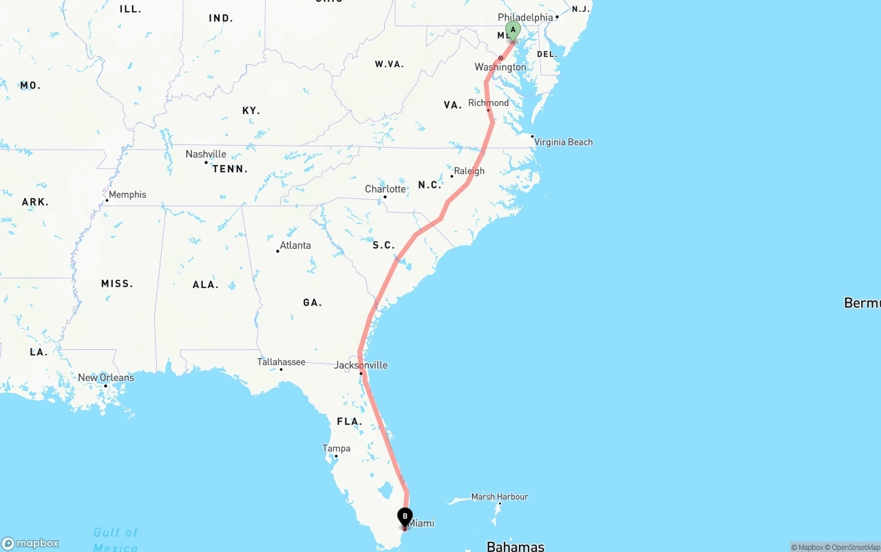 Shipping route from Port of Baltimore to Miami