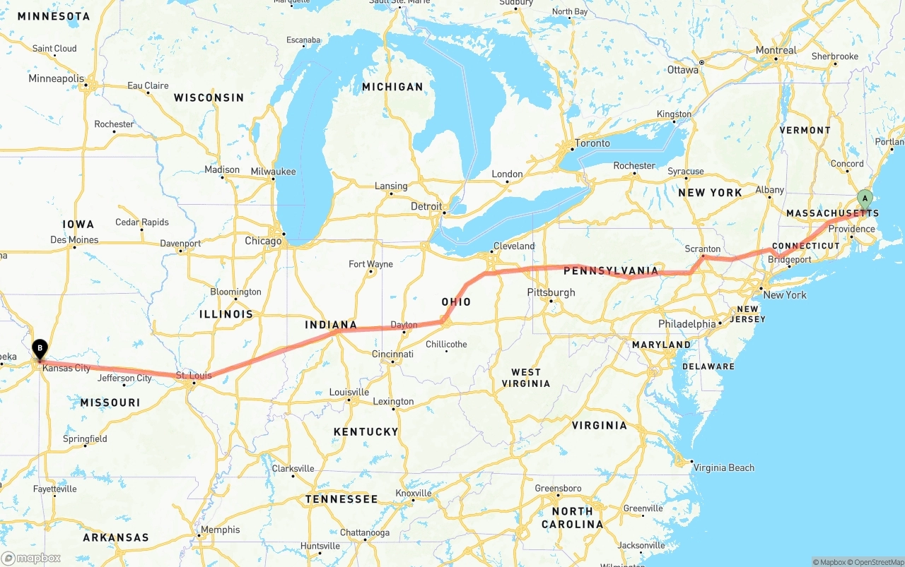 Shipping route from Port of Boston to Kansas City