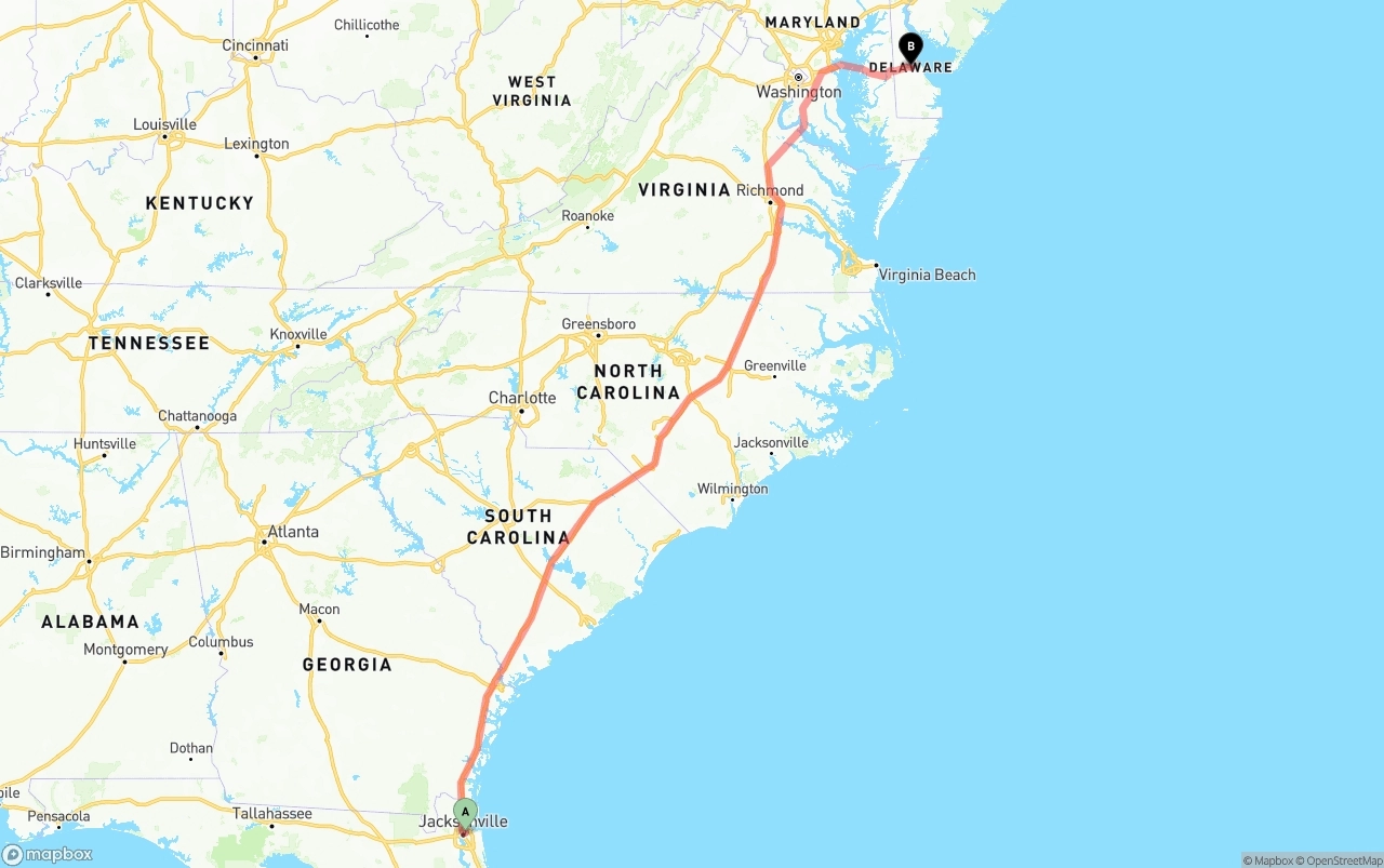 Shipping route from Port of Jacksonville to Delaware