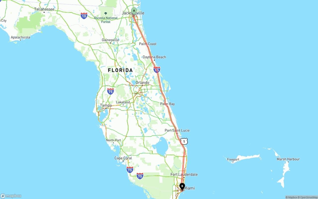 Shipping route from Port of Jacksonville to Miami