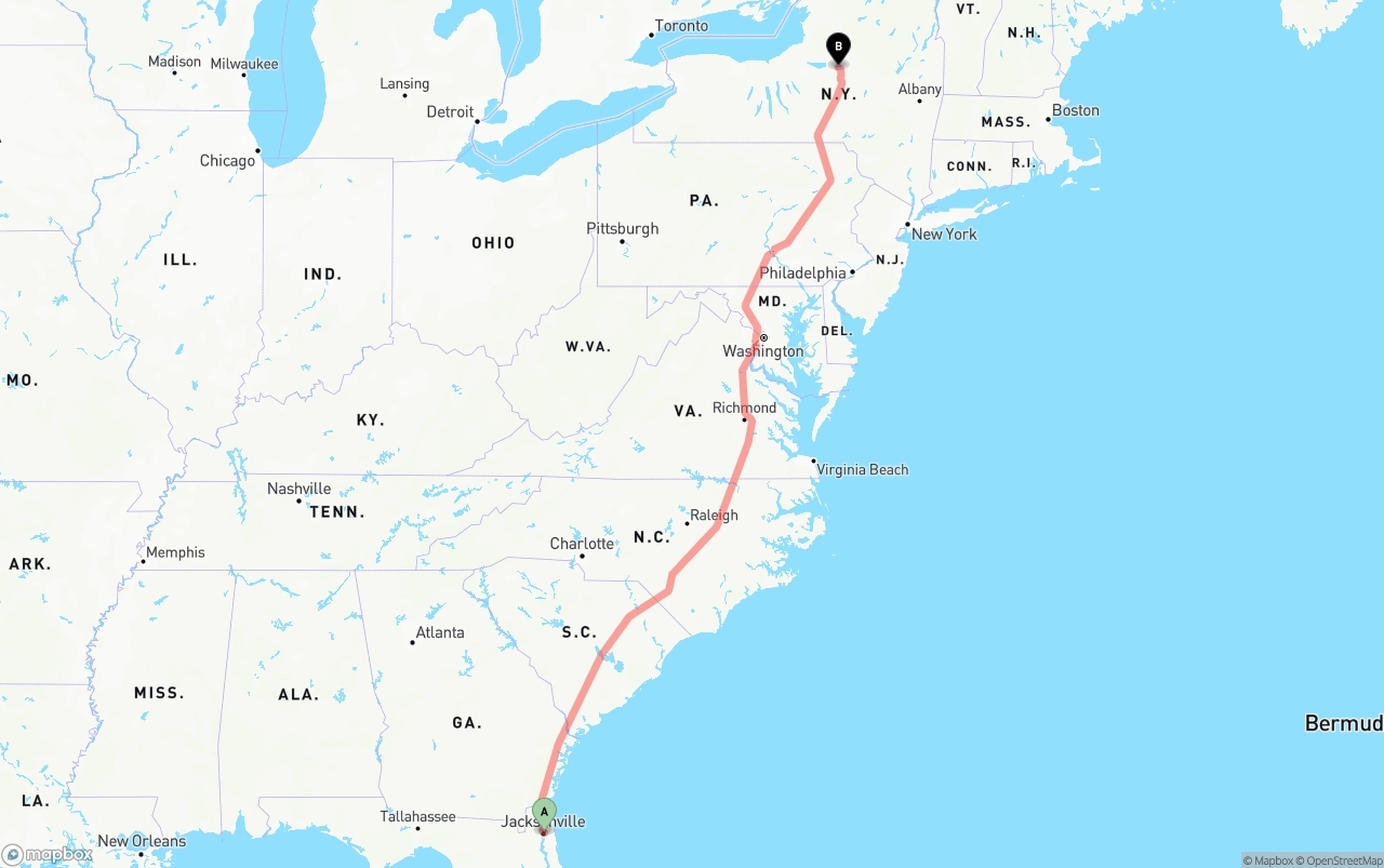 Shipping route from Port of Jacksonville to New York