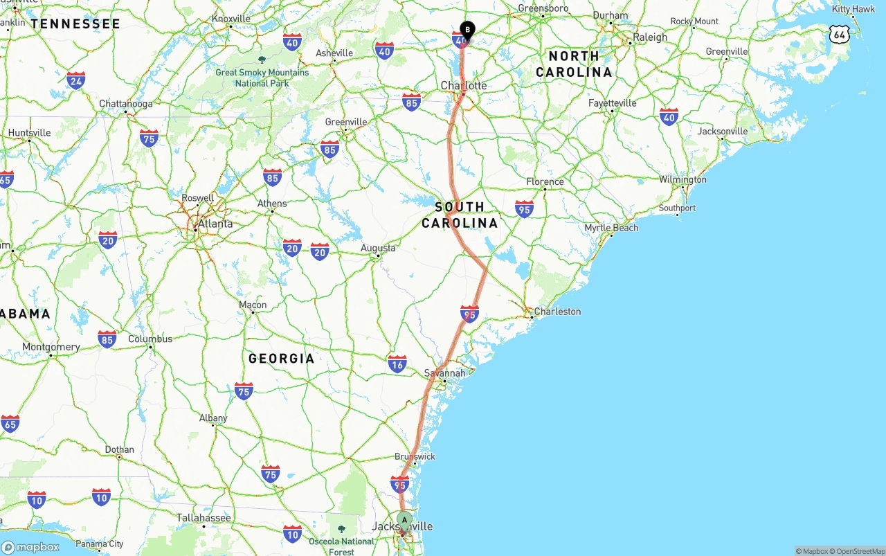Shipping route from Port of Jacksonville to North Carolina