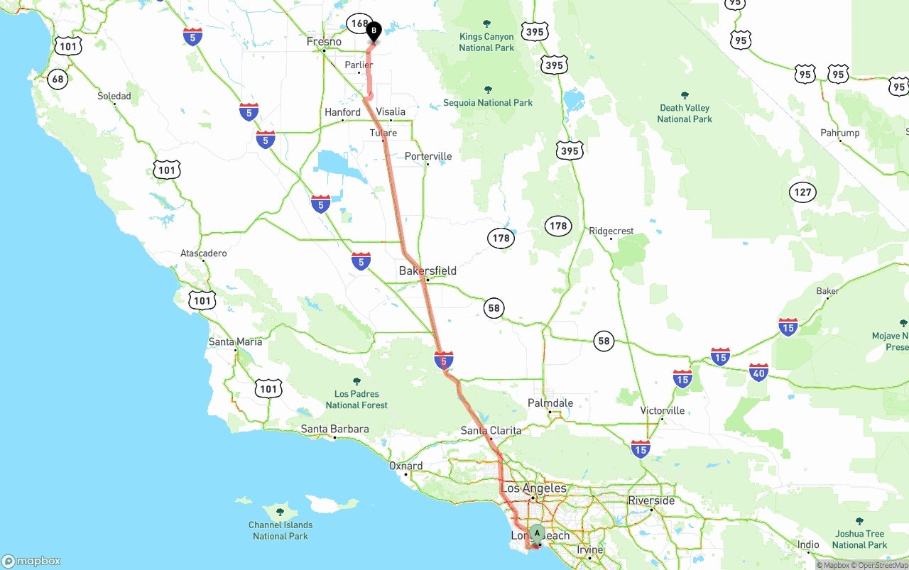 Shipping route from Port of Long Beach to California