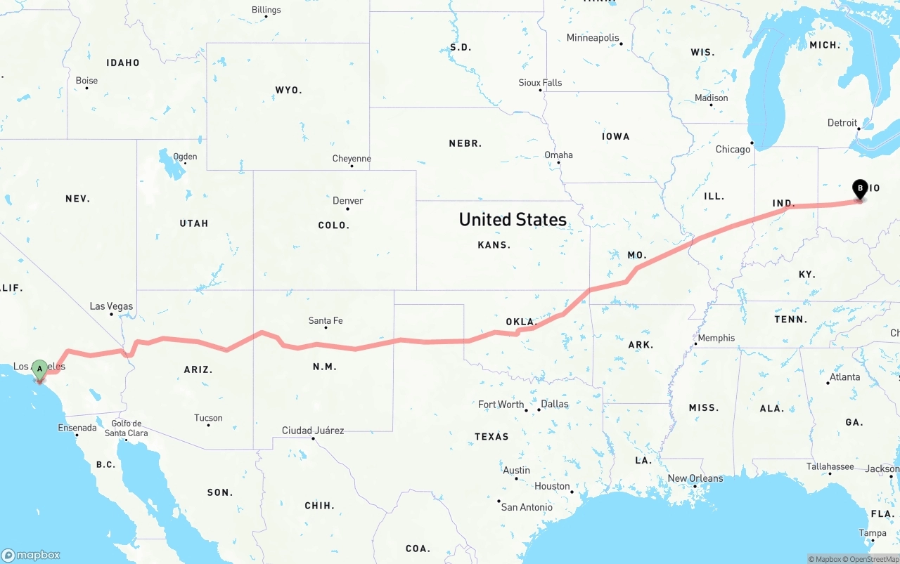 Shipping route from Port of Long Beach to Columbus