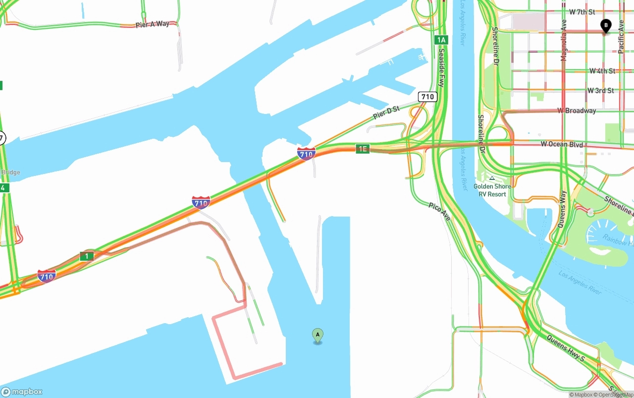 Shipping route from Port of Long Beach to Long Beach