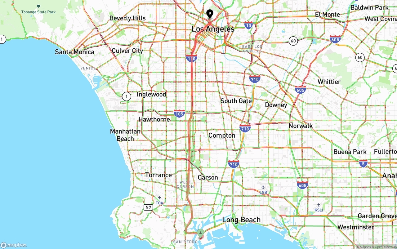 Shipping route from Port of Los Angeles to Los Angeles