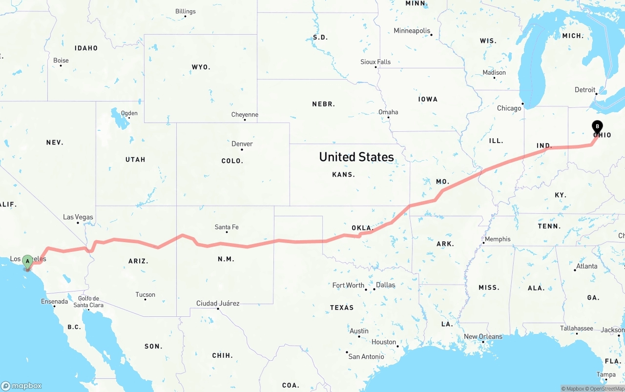 Shipping route from Port of Los Angeles to Ohio