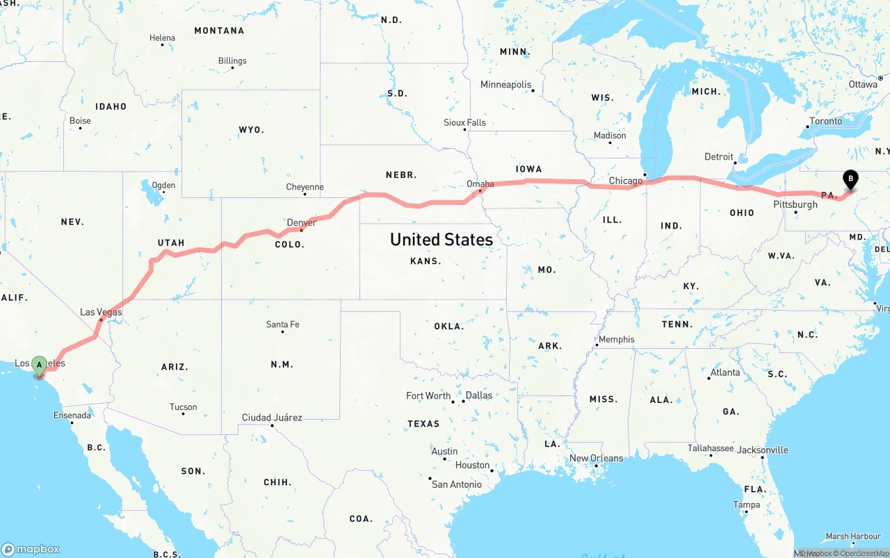 Shipping route from Port of Los Angeles to Pennsylvania