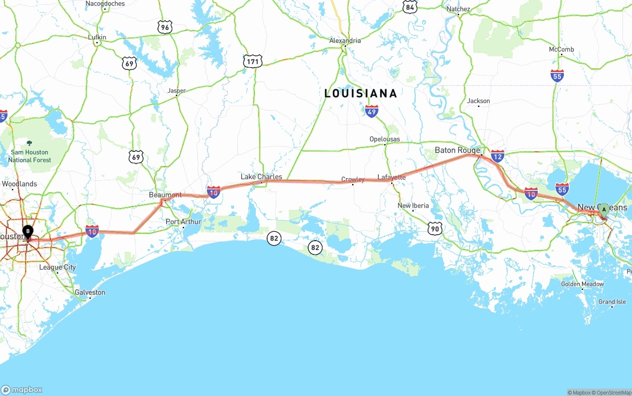 Shipping route from Port of New Orleans to Houston