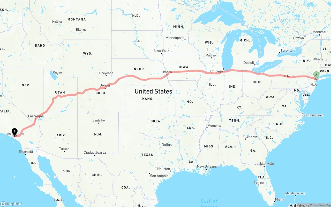 Shipping route from Port of New York to Los Angeles