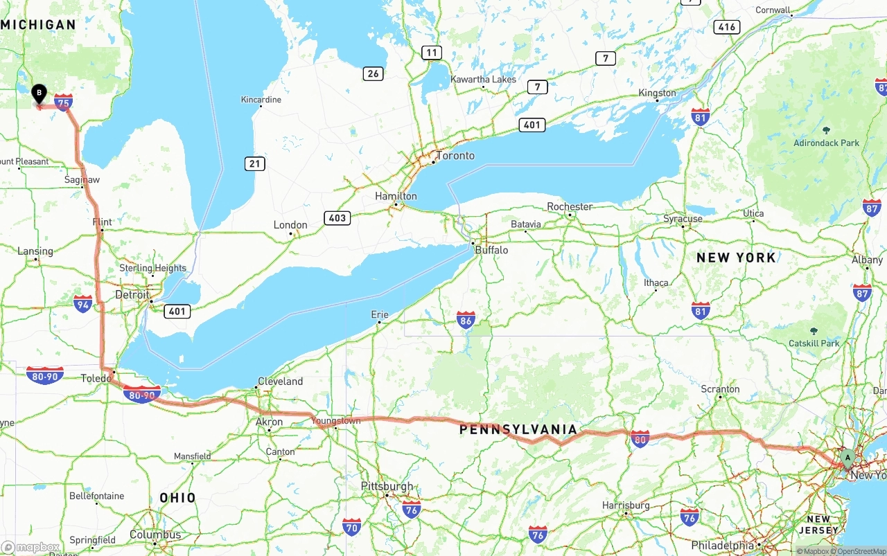 Shipping route from Port of New York to Michigan