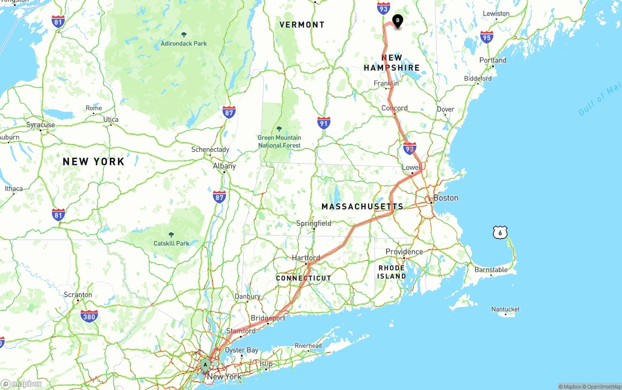 Shipping route from Port of New York to New Hampshire