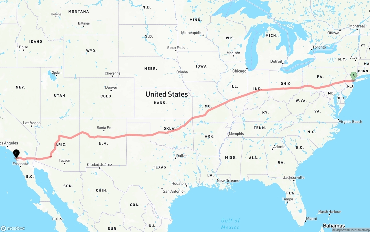 Shipping route from Port of New York to San Diego