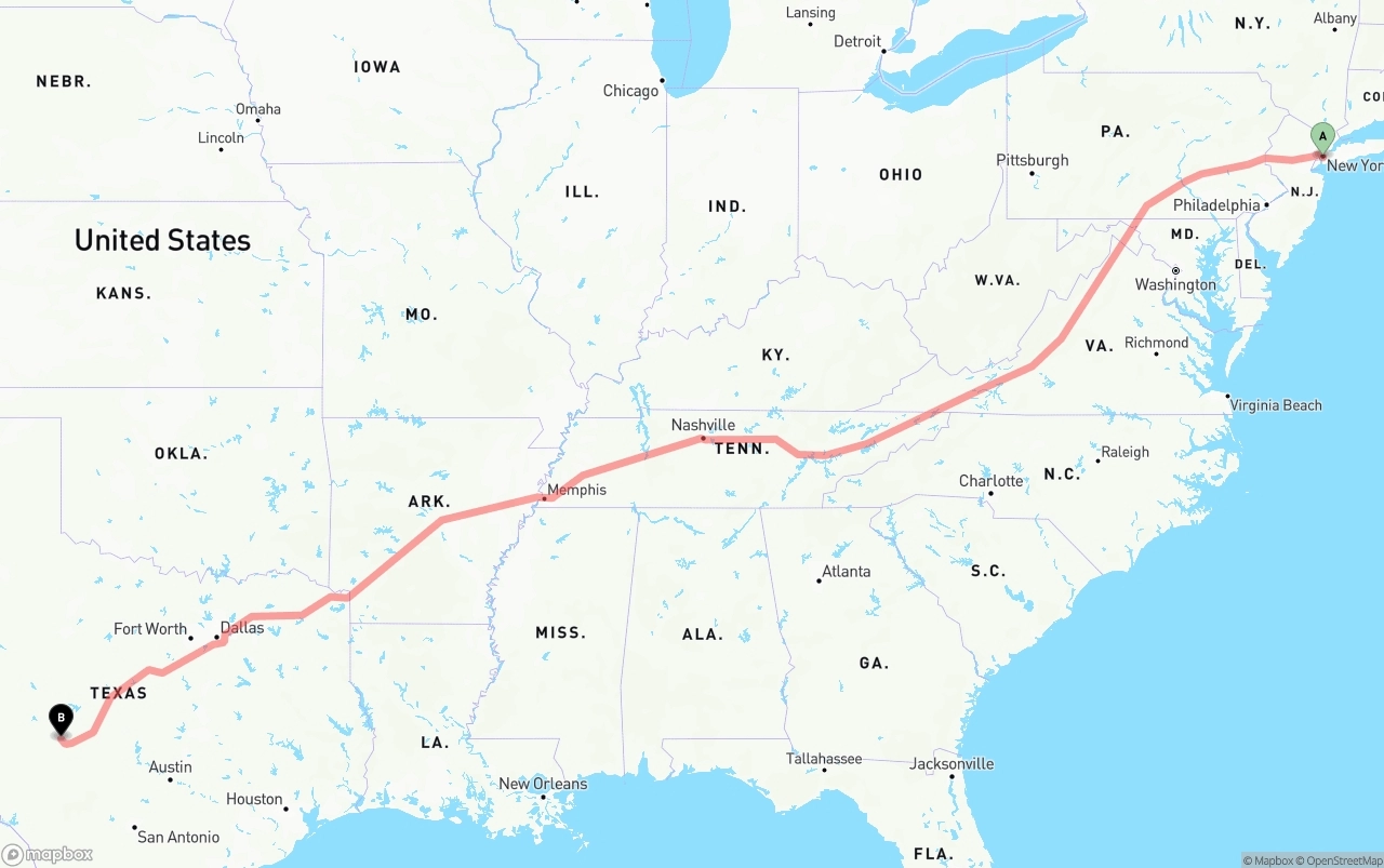 Shipping route from Port of New York to Texas