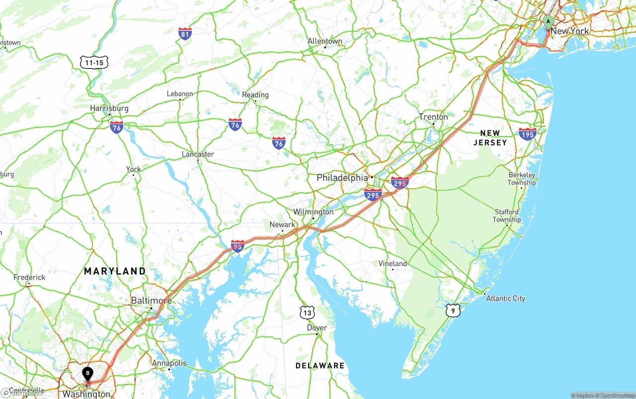 Shipping route from Port of New York to Washington D.C.