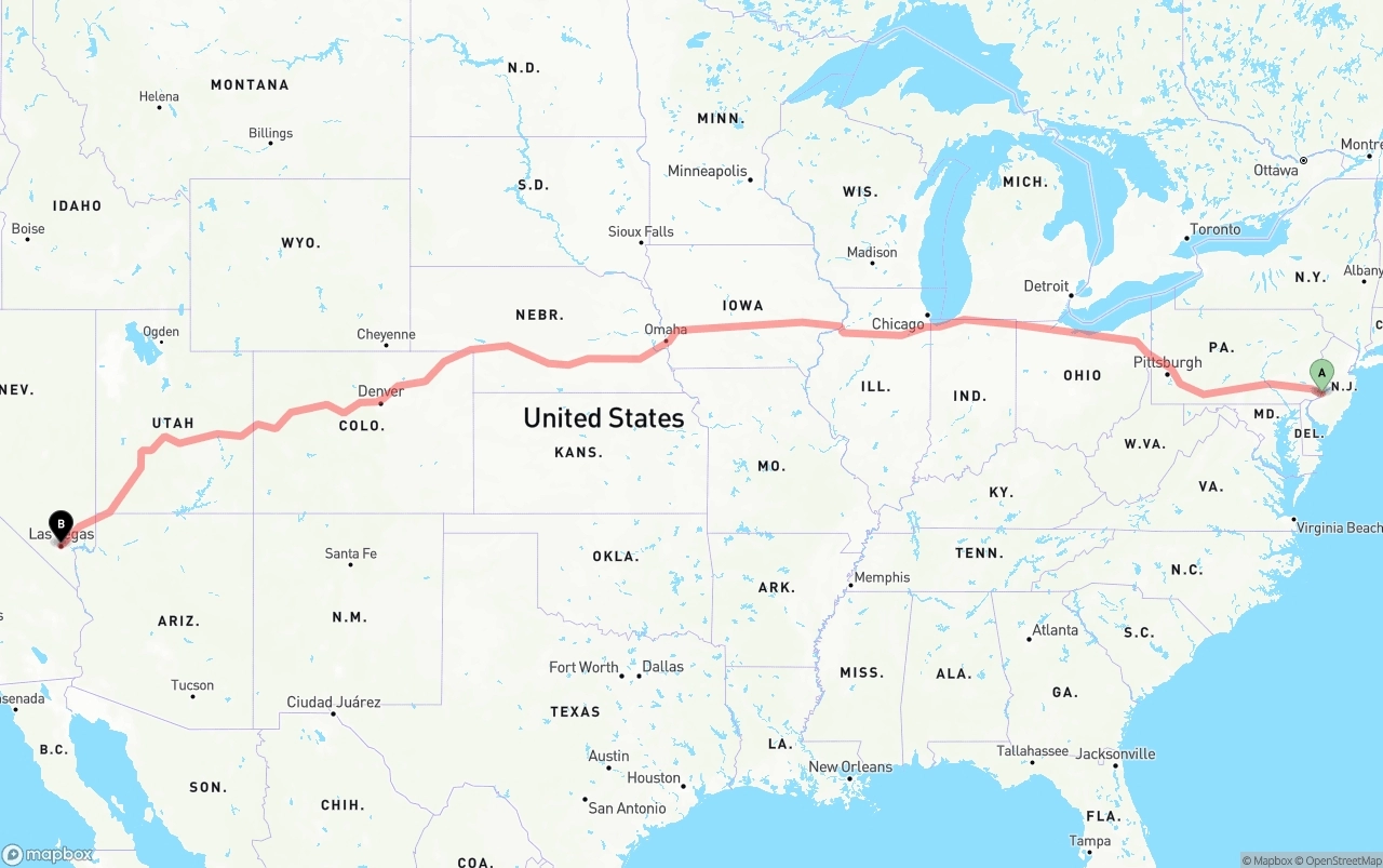 Shipping route from Port of Philadelphia to Las Vegas