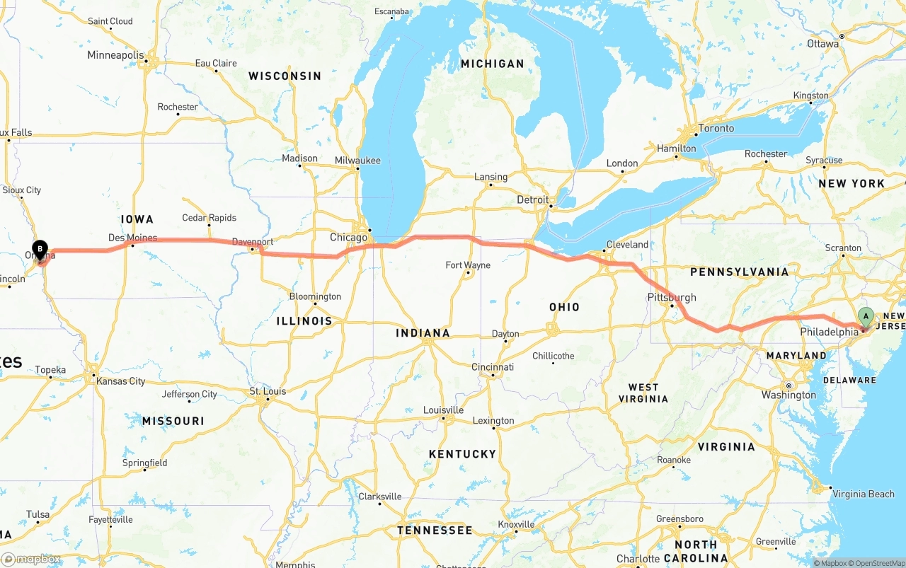 Shipping route from Port of Philadelphia to Omaha