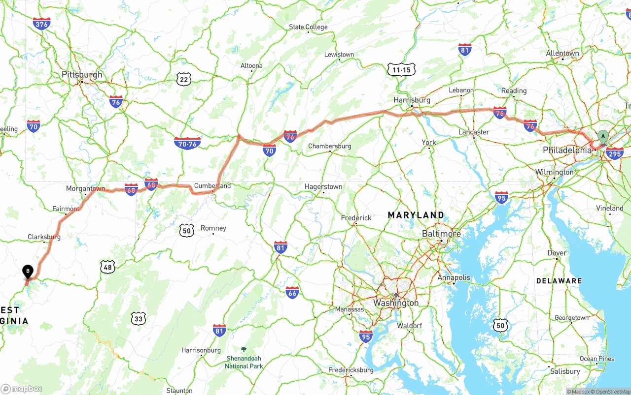 Shipping route from Port of Philadelphia to West Virginia