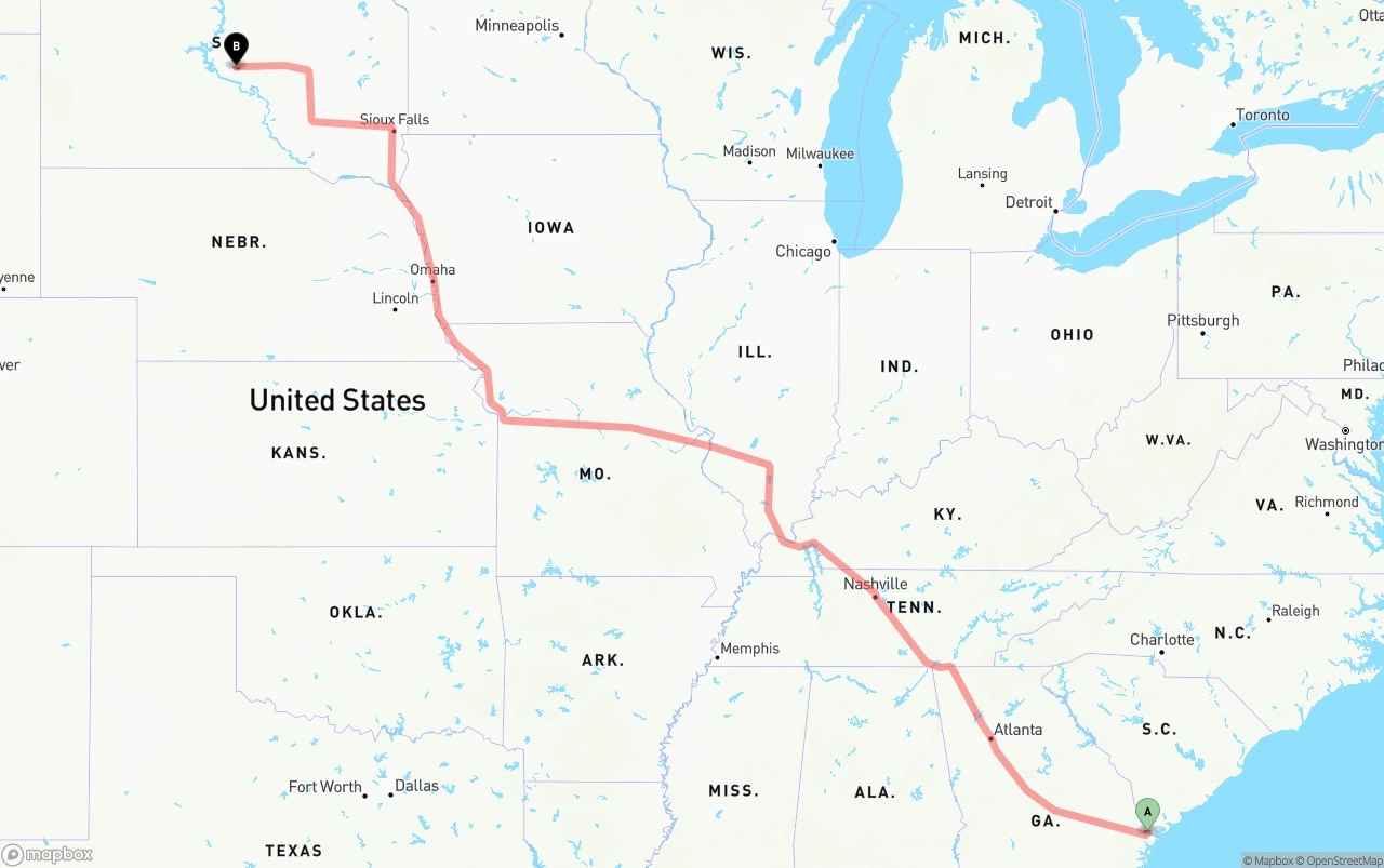 Shipping route from Port of Savannah to South Dakota